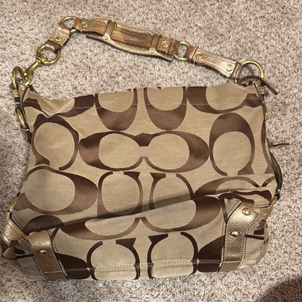 Coach Brown and Tan Shoulder Bag with Glamorous Metallic Accents